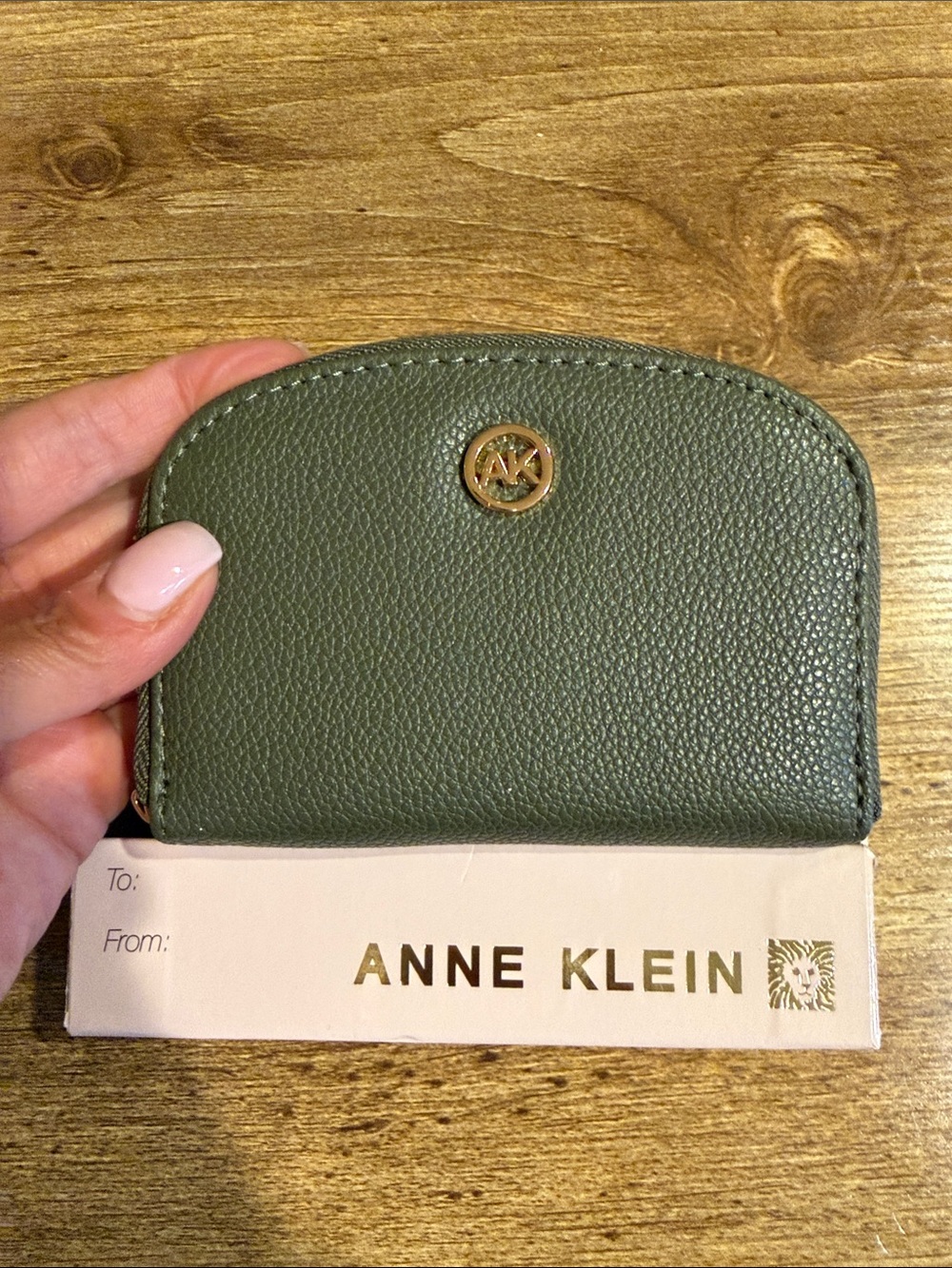 Anne Klein Olive Pebbled Leather Zip Card Case with Gold Logo